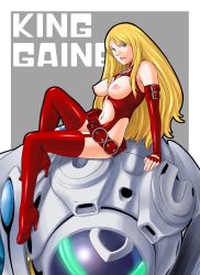 Rule 34 | 00s, 1girl, adette kistler, blonde hair, breastless clothes, breasts, elbow gloves, gloves, green eyes, king gainer, large breasts, long hair, looking at viewer, mecha, mole, nipples, overman king gainer, robot, shoumaru (gadget box), solo, thighhighs