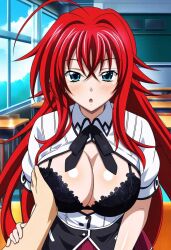 Rule 34 | 1girl, ahoge, black bra, blue eyes, blush, bra, breasts, classroom, cleavage, crossed bangs, frilled bra, frills, grabbing another&#039;s breast, groping, hair between eyes, high school dxd, highres, holding hands, huge ahoge, kuoh academy school uniform, large breasts, lingerie, long hair, looking at viewer, red hair, rias gremory, school uniform, underwear