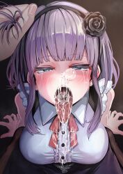 Rule 34 | 1boy, 1girl, after fellatio, black background, black pantyhose, black skirt, blue eyes, blush, breasts, collared shirt, crying, crying with eyes open, cum, cum bubble, cum in mouth, cum in nose, cum on tongue, cumdrip, dagashi kashi, from above, grabbing another&#039;s hair, half-closed eyes, highres, kajimakoto, kneeling, large breasts, long hair, looking at viewer, open mouth, pantyhose, pov, pov hands, purple hair, shidare hotaru, shirt, sitting, skirt, sleeveless, solo focus, tears, teeth, tongue, tongue out, upper teeth only, uvula, wariza, white shirt