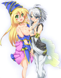 Rule 34 | 2girls, :d, ahoge, bare shoulders, blonde hair, blush, blush stickers, breast press, breasts, collarbone, dark magician girl, duel monster, fang, female focus, green eyes, grey eyes, hairband, holding hands, hat, highres, ikiyouyou, interlocked fingers, large breasts, leg up, long hair, looking at viewer, milla the temporal magician, mira the eternal magician, multiple girls, open mouth, short hair, grey eyes, silver hair, smile, witch hat, yu-gi-oh!, yuri, yuu-gi-ou, yu-gi-oh! duel monsters