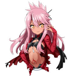 Rule 34 | 1girl, arm up, bad id, bad pixiv id, bikini, bikini top only, blush, breasts, bridal gauntlets, brown eyes, chloe von einzbern, closed mouth, command spell, cropped torso, dark-skinned female, dark skin, fate/kaleid liner prisma illya, fate (series), folded ponytail, hair ornament, hand on own hip, hotori (sion), jacket, long hair, long sleeves, looking at viewer, navel, pink hair, simple background, small breasts, smile, solo, standing, swimsuit, tattoo, upper body, white background