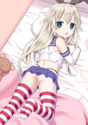 Rule 34 | 10s, 1girl, :o, black panties, blonde hair, elbow gloves, gloves, ikeda yuuki, kantai collection, long hair, md5 mismatch, no shoes, panties, pantyshot, personification, shimakaze (kancolle), skirt, solo, striped clothes, striped thighhighs, thighhighs, thong, underwear, upskirt, white gloves
