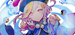 Rule 34 | 1girl, aura, bead necklace, beads, closed mouth, coin hair ornament, dress, genshin impact, ghost, hair between eyes, hair ornament, hat, highres, jewelry, jiangshi, long hair, long sleeves, necklace, piyori (kidz94), purple dress, purple eyes, purple hair, qingdai guanmao, qiqi (genshin impact), upper body, white background, wide sleeves, yin yang