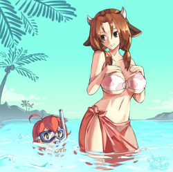 Rule 34 | + +, 1boy, 1girl, 2013, animal ears, animal print, bare shoulders, beach, bikini, borrowed character, breast suppress, breasts, brown eyes, brown hair, cow ears, cow girl, cow horns, cow print, dated, day, diving mask, ego trigger, goggles, horns, huge breasts, junkpuyo, mattie (ego trigger), midriff, navel, o-ring, o-ring bikini, original, outdoors, sarong, see-through sarong, smile, snorkel, strapless, swimming, swimsuit, tube top, twintails, underboob, wading, water