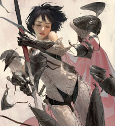 Rule 34 | 1girl, armor, black pants, breastplate, cape, closed eyes, couter, floating hair, gauntlets, greaves, highres, holding, holding sword, holding weapon, knight, leaning to the side, original, pants, parted lips, realistic, red cape, red lips, sangsoo jeong, short hair, shoulder armor, solo, sword, vest, weapon, white vest