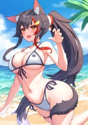 Rule 34 | 1girl, :d, animal ears, beach, bikini, black choker, black hair, blue sky, breasts, choker, claw pose, cloud, day, deaver, fang, foot up, hair ornament, highres, hololive, large breasts, long hair, multicolored hair, navel, ocean, ookami mio, open mouth, orange eyes, outdoors, pendant choker, pony (animal), red hair, side-tie bikini bottom, sidelocks, sky, smile, solo, stomach, streaked hair, swimsuit, tail, thigh strap, very long hair, virtual youtuber, wet, white bikini, wolf ears, wolf girl, wolf tail