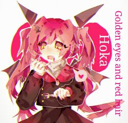 Rule 34 | 1girl, black jacket, black skirt, blood, blood from mouth, character name, colored sclera, demon girl, demon horns, demon wings, english text, eutia, funamusea, heart, hoka (funamusea), horns, jacket, long hair, multicolored background, open mouth, pink background, pink hair, red sailor collar, red sclera, sailor collar, skirt, solo, spoken heart, twintails, white background, wings, yellow eyes