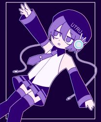 Rule 34 | :o, audio jack, bare shoulders, beret, border, cable, expressionless, falling, flat color, genmai chaban, hat, headphones, highres, long sleeves, necktie, open mouth, outline, pleated skirt, purple background, purple eyes, purple hair, purple necktie, purple skirt, purple sleeves, purple theme, purple thighhighs, shirt, short hair, skirt, thighhighs, tie clip, utane uta, utau, white border, white outline, white shirt