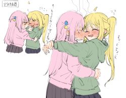 Rule 34 | &gt; &lt;, 2girls, ahoge, blonde hair, blue skirt, blush, bocchi the rock!, closed eyes, commentary, cube hair ornament, d3g takahashi, gotoh hitori, green hoodie, hair ornament, hood, hoodie, ijichi nijika, jacket, kiss, kissing cheek, long hair, multiple girls, open mouth, parted lips, pink hair, pink jacket, ponytail, skirt, track jacket, translation request, twintails, yuri