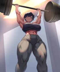 Rule 34 | 1girl, abs, absurdres, barbell, black hair, blush, breasts, carrying overhead, dumbbell, exercising, gad ddx, gad the god, green eyes, highres, large breasts, looking at viewer, looking down, muscular, muscular female, original, short hair, smile, solo, thick thighs, thighs, tomboy, weightlifting