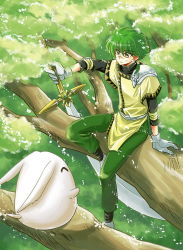 Rule 34 | 1990s (style), 1boy, armor, clamp, ferio (rayearth), forest, gloves, green hair, magic knight rayearth, male focus, mokona, nature, outdoors, plant, scar, solo, sword, weapon, yellow eyes