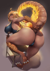 Rule 34 | 1girl, ahoge, animal hands, ass, bare shoulders, barefoot, bent over, blonde hair, breasts, chair, claws, commentary, commission, dark-skinned female, dark skin, dragon girl, english commentary, female focus, fins, fire, from behind, full body, head fins, highres, huge breasts, long tongue, looking at viewer, looking back, mole, mole under eye, monster girl, monster girl encyclopedia, one-piece swimsuit, original, packge, profile, salamander (monster girl encyclopedia), scales, solo, standing, standing on one leg, swimsuit, tail, tail raised, tongue, tongue out