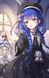 Rule 34 | 1girl, amamiya kokoro, angel wings, bell, beret, black dress, black hat, black ribbon, blue hair, blush, braid, candle, chestnut mouth, collar, commentary request, cowboy shot, dress, feathered wings, flower, frilled dress, frilled sleeves, frills, fuyoyo, hair bell, hair flower, hair ornament, hat, highres, holding, holding lantern, lantern, long hair, long sleeves, looking at viewer, low twin braids, neck ribbon, nijisanji, open mouth, ribbon, sidelocks, solo, star (symbol), star hair ornament, twin braids, virtual youtuber, white collar, window, wings, x hair ornament, yellow eyes