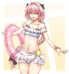 Rule 34 | 1boy, astolfo (fate), astolfo (sparkling frills) (fate), bare shoulders, bikini, black bow, bow, braid, collarbone, commentary request, fang, fate/extella, fate/extella link, fate/extra, fate (series), hair bow, hair intakes, hair ribbon, highres, holding, holding swim ring, innertube, long hair, looking at viewer, male focus, multicolored hair, navel, off-shoulder bikini, off shoulder, official alternate costume, okutama tarou, open mouth, pink bow, pink hair, purple eyes, ribbon, single braid, smile, solo, star (symbol), streaked hair, swim ring, swimsuit, trap, wrist bow