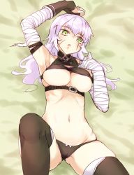 Rule 34 | 1girl, alternate breast size, bandaged arm, bandages, bare shoulders, barefoot, bed sheet, black panties, black thighhighs, breasts, collarbone, fate/apocrypha, fate/grand order, fate (series), gloves, green eyes, highres, hourai kochou, jack the ripper (fate/apocrypha), large breasts, looking at viewer, lying, navel, aged up, on back, on bed, panties, scar, solo, thighhighs, underboob, underwear, white hair
