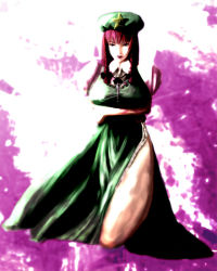 Rule 34 | 1girl, bare legs, braid, breast hold, breasts, cropped legs, crossed arms, dress, expressionless, female focus, green dress, hat, hong meiling, long hair, looking at viewer, red hair, short sleeves, side slit, solo, standing, star (symbol), touhou, twin braids