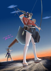 Rule 34 | 2girls, aiming, arrow (projectile), black gloves, black hair, black hakama, blue sky, bow (weapon), cloud, commentary request, dated, dawn, flight deck, from below, geta, gloves, hakama, houshou (kancolle), japanese clothes, kaga (kancolle), kantai collection, kimono, long hair, machinery, moke ro, multiple girls, okobo, outdoors, pantyhose, partially fingerless gloves, partly fingerless gloves, quiver, red kimono, sandals, single glove, sky, solo focus, standing, standing on liquid, twitter username, weapon, white pantyhose, yugake