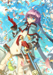 Rule 34 | 1girl, ahoge, arm belt, blue eyes, gloves, headband, holding, holding sword, holding weapon, judgement (latale), latale, petals, purple hair, red gloves, scorpion5050, solo, sword, weapon, wind