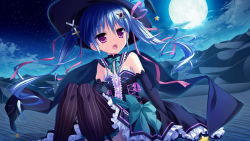 Rule 34 | 1girl, blue hair, elbow gloves, game cg, gloves, hair ornament, hat, long hair, luluna, magical marriage lunatics!!, moon, moonstone, night, open mouth, purple eyes, thighhighs, twintails, witch hat, yamakaze ran