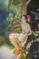 Rule 34 | 1girl, akekarat sumatchaya, artist name, bare shoulders, breasts, cafe, chalkboard, dress, floral print, flower, flower pot, hair flower, hair ornament, legs together, lips, looking at viewer, mary janes, menu, menu board, nose, original, outdoors, plant, potted plant, purple hair, restaurant, shoes, shop, short hair, sign, sitting, small breasts, smile, solo, vines, watermark, webang111