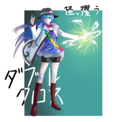 Rule 34 | 1girl, adapted costume, alternate costume, bag, blue hair, boots, choker, coat, contemporary, food, fruit, full body, gradient background, hat, hinanawi tenshi, korogi, long hair, long sleeves, looking at viewer, outstretched arm, peach, pointing, pointing up, red eyes, ribbon choker, shirt, shorts, shoulder bag, smile, solo, text focus, touhou