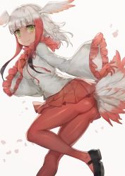 Rule 34 | 10s, 1girl, absurdres, ass, bird tail, black footwear, blunt bangs, blush, closed mouth, feather-trimmed sleeves, free style (yohan1754), from behind, gloves, head wings, highres, japanese crested ibis (kemono friends), kemono friends, long sleeves, looking at viewer, looking back, mary janes, multicolored hair, pantyhose, pleated skirt, red gloves, red hair, red pantyhose, shirt, shoes, simple background, skirt, smile, solo, tail, two-tone hair, white hair, white shirt, wings, yellow eyes