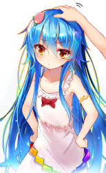 Rule 34 | 1girl, adapted costume, armlet, bare arms, bare shoulders, bow, closed mouth, collarbone, dress, efe, food-themed hair ornament, frown, hair between eyes, hair ornament, hands on own hips, head pat, headpat, hinanawi tenshi, long hair, orange eyes, outline, peach hair ornament, red bow, sidelocks, simple background, solo focus, touhou, white background, white dress