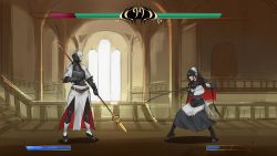 Rule 34 | absurdres, armor, belt, black gloves, black hair, blindfold, boots, breastplate, capelet, commentary, english commentary, fighting game, fighting stance, full body, gauntlets, gloves, health bar, helm, helmet, high heel boots, high heels, highres, indoors, katana, legs apart, less, long hair, maid, maid headdress, original, plate armor, polearm, spear, standing, sword, weapon