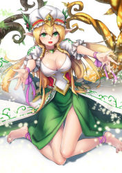 Rule 34 | 1girl, :d, ankle ribbon, anklet, bad id, bad pixiv id, barefoot, barefoot sandals (jewelry), blonde hair, breasts, cleavage, dress, elf, feet, freyja (p&amp;d), full body, green eyes, hat, jewelry, kneeling, lamchun (2006), large breasts, leg ribbon, long hair, looking at viewer, lots of jewelry, necklace, open mouth, original, outstretched arms, palms, pointy ears, puffy short sleeves, puffy sleeves, puzzle &amp; dragons, ribbon, short sleeves, simple background, sitting, smile, solo, sparkle, thigh gap, toes, white background