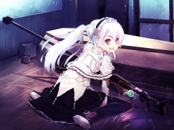 Rule 34 | 10s, 1girl, boots, butterfly hair ornament, chaika trabant, dress, frills, from behind, gun, hair ornament, hairband, hitsugi no chaika, holding, holding own hair, lolita hairband, long hair, looking back, ponytail, puffy sleeves, purple eyes, ribbon, rifle, silver hair, sitting, sniper rifle, solo, subachi, thigh boots, thighhighs, wariza, weapon