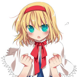 Rule 34 | 1girl, alice margatroid, bad id, bad pixiv id, blonde hair, blue eyes, blush, capelet, clenched hand, clenched hands, fang, female focus, frown, hairband, manle, short hair, solo, touhou