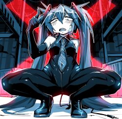 Rule 34 | 1girl, alternate costume, blush, bodysuit, breasts, commentary, covered navel, elbow gloves, fang, full body, gloves, grey hair, hair between eyes, hair over breasts, hatsune miku, index finger raised, indoors, long bangs, long hair, looking at viewer, muted color, open mouth, shimizu pem, sleeveless, sleeveless bodysuit, small breasts, solo, squatting, steel beam, teeth, twintails, upper teeth only, very long hair, vocaloid, x