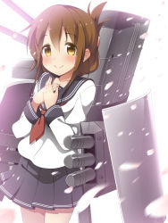 Rule 34 | 10s, 1girl, bad id, bad pixiv id, bell (artist), bell (oppore coppore), blush, brown eyes, brown hair, cannon, folded ponytail, hair ornament, highres, inazuma (kancolle), kantai collection, long hair, long sleeves, personification, school uniform, serafuku, skirt, smile, solo, torpedo, turret