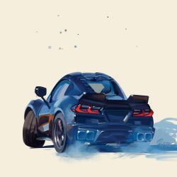 Rule 34 | artist name, brown background, car, chevrolet, chevrolet corvette, chevrolet corvette c8, drifting, from behind, highres, motor vehicle, no humans, original, shadow, simple background, smoke, sports car, vehicle focus, will pierce