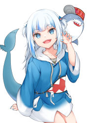 Rule 34 | 1girl, absurdres, bloop (gawr gura), blue eyes, blue hair, blue jacket, blue nails, collarbone, fins, fish tail, gawr gura, gawr gura (1st costume), hair ornament, hand up, highres, hololive, hololive english, jacket, long sleeves, looking at viewer, multicolored hair, nail polish, open mouth, phytoncide, shark tail, sharp teeth, simple background, sitting, tail, teeth, thighs, two-tone hair, upper teeth only, virtual youtuber, white background, white hair