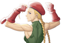 Rule 34 | 1girl, bare shoulders, beret, blonde hair, blue eyes, braid, cammy white, elbow gloves, facial scar, fingerless gloves, flexing, from behind, gloves, hat, long hair, looking back, muscular, muscular female, noppo (tarstation), red gloves, red hat, scar, scar on cheek, scar on face, solo, street fighter, street fighter ii (series), twin braids