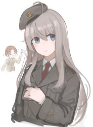 Rule 34 | 1girl, ahoge, axis powers hetalia, beret, beretta model 38 (girls&#039; frontline), blue eyes, blush, duplicate, girls&#039; frontline, grey hair, grey hat, grey jacket, hair between eyes, hat, highres, jacket, long hair, long sleeves, looking at viewer, military, military uniform, necktie, northern italy (hetalia), open mouth, pixel-perfect duplicate, rampart1028, red necktie, shirt, solo, uniform, upper body, white background, white shirt