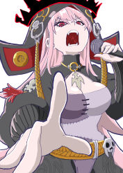 Rule 34 | 1girl, absurdres, black shrug, breasts, cleavage, commentary request, fangs, foreshortening, hat, highres, holding, holding microphone, hololive, hololive english, large breasts, long hair, microphone, mori calliope, open mouth, patchwork clothes, pink hair, red eyes, shiokami, solo, upper body, very long hair, virtual youtuber