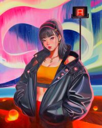 Rule 34 | 1girl, acrylic paint (medium), aurora, ball, basketball hoop, black hair, black jacket, braid, breasts, cleavage, clothing cutout, commentary, cross, cross necklace, english commentary, hairband, hands in pockets, highres, jacket, jewelry, large breasts, leather, leather jacket, little thunder, necklace, original, painting (medium), pants, pink eyes, pink lips, realistic, red pants, shoulder cutout, sky, solo, star (sky), starry sky, traditional media, upper body