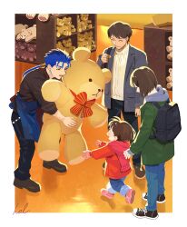 Rule 34 | 2boys, 2girls, apron, backpack, bag, black bag, black pants, black shirt, blue apron, blue hair, blue pants, border, bow, brown footwear, brown hair, coat, cu chulainn (fate), earrings, family, fate (series), giving, green coat, grin, hal (haaaalhal), hand tattoo, highres, holding, holding stuffed toy, jewelry, long hair, long sleeves, multiple boys, multiple girls, open mouth, pants, pink footwear, pink scarf, scarf, shirt, shoes, shop, short hair, smile, sneakers, snow boots, striped, striped bow, stuffed animal, stuffed toy, sweater, tattoo, teddy bear, waist apron, white border, white sweater