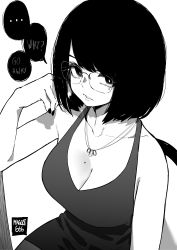 Rule 34 | 1girl, absurdres, bare arms, bare shoulders, bob cut, breasts, cleavage, collarbone, commentary, cowboy shot, desyana laurentia, dress, english commentary, english text, glasses, greyscale, high contrast, highres, jewelry, looking at viewer, medium breasts, mole, mole on breast, mole under eye, monochrome, nail polish, necklace, no bra, norman maggot, original, parted lips, rimless eyewear, short dress, short hair, simple background, sitting, sleeveless, sleeveless dress, solo, speech bubble, swept bangs, white background