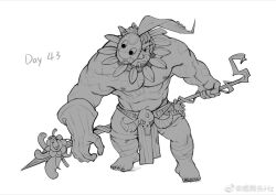 Rule 34 | 1boy, abs, animal skull, bandaged leg, bandages, bara, barefoot, flower, flower necklace, frown, full body, holding, holding polearm, holding weapon, jewelry, large hands, large pectorals, looking ahead, male focus, mask pull, mature male, muscular, muscular male, navel, necklace, nipples, one eye covered, original, pectorals, pelvic curtain, polearm, short hair, short legs, solo, spear, stomach, strongman waist, thick arms, topless male, tribal, tusks, weapon, xian goutou hz