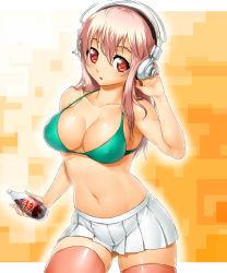 Rule 34 | 1girl, bikini, bikini top only, blush, breasts, cleavage, dr pepper, covered erect nipples, face, headphones, highres, large breasts, long hair, midriff, miniskirt, navel, nitroplus, onsoku inu, open mouth, pink hair, product placement, red eyes, skindentation, skirt, solo, super sonico, swimsuit, thighhighs, zettai ryouiki