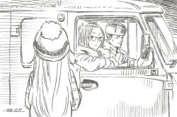 Rule 34 | 1boy, 2girls, brown theme, car, character request, dated, glasses, hat, horikou, long hair, looking at viewer, military hat, monochrome, motor vehicle, multiple girls, parted lips, real life, signature, smile, soviet army, standing, van, yurucamp