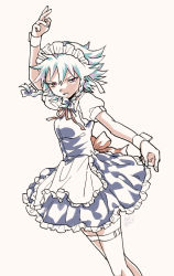 Rule 34 | 1girl, 2016, apron, arm up, blue dress, blue hair, bow, braid, breasts, cowboy shot, dated, dress, eyebrows, facing away, fingernails, frilled apron, frilled dress, frills, hair between eyes, izayoi sakuya, looking away, looking to the side, maid, maid apron, maid headdress, medium breasts, open mouth, pink eyes, puffy short sleeves, puffy sleeves, red bow, red ribbon, ribbon, shikido (khf), short hair, short sleeves, signature, skindentation, solo, thigh strap, touhou, tsurime, twin braids, waist apron, white apron, wrist cuffs