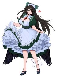 Rule 34 | 1girl, alternate costume, apron, atom, bird wings, black footwear, black hair, black wings, blush, breasts, brown eyes, canonball (dungigi12), cleavage, cleavage cutout, closed mouth, clothing cutout, collared dress, commentary request, curtsey, dress, enmaided, frilled dress, frilled shirt collar, frills, full body, green dress, heart, heel up, highres, korean commentary, large breasts, long hair, looking at viewer, maid, mary janes, medium bangs, reiuji utsuho, shoes, simple background, smile, solo, standing, third eye, touhou, transparent background, waist apron, white apron, wings