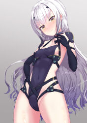 Rule 34 | 1girl, black gloves, black leotard, blush, breasts, closed mouth, covered navel, cowboy shot, elbow gloves, melusine (fate), fate/grand order, fate (series), from below, gloves, grey background, hand on own hip, highleg, highleg leotard, highres, leotard, long hair, looking at viewer, okina (805197), shoulder pads, sideboob, small breasts, smile, solo, standing, straight hair, very long hair, white hair, yellow eyes
