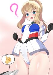 Rule 34 | 1girl, absurdres, alice gear aegis, arukari8, bare shoulders, blonde hair, blush, breasts, cameltoe, cleft of venus, detached sleeves, elbow gloves, gloves, gluteal fold, green eyes, groin, highleg, highleg leotard, highres, leotard, long hair, looking at viewer, multicolored leotard, noelle francesca, open mouth, ponytail, sidelocks, smile, solo, standing, thighhighs, thighs