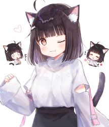 Rule 34 | 0 0, 1girl, ;), = =, ahoge, animal ear fluff, animal ears, bad id, bad pixiv id, black hair, black skirt, blunt bangs, blush, blush stickers, brown eyes, bubble tea, cat ears, cat girl, cat tail, chibi, closed eyes, closed mouth, commentary request, cropped torso, cup, disposable cup, drinking straw, fang, fang out, fish hair ornament, hair ornament, heart, holding, holding cup, long sleeves, looking at viewer, multiple views, one eye closed, original, rucaco, shirt, simple background, skirt, sleeves past wrists, smile, tail, tail raised, white background, white shirt