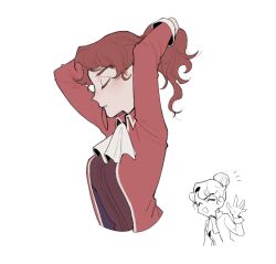 Rule 34 | 1girl, arms up, ascot, breasts, closed eyes, cropped torso, don&#039;t starve, eyelashes, hair bun, jacket, jenny25424633, long sleeves, medium breasts, multiple views, official alternate costume, parted lips, partially colored, ponytail, profile, red jacket, single hair bun, tying hair, updo, white ascot, wigfrid (don&#039;t starve)